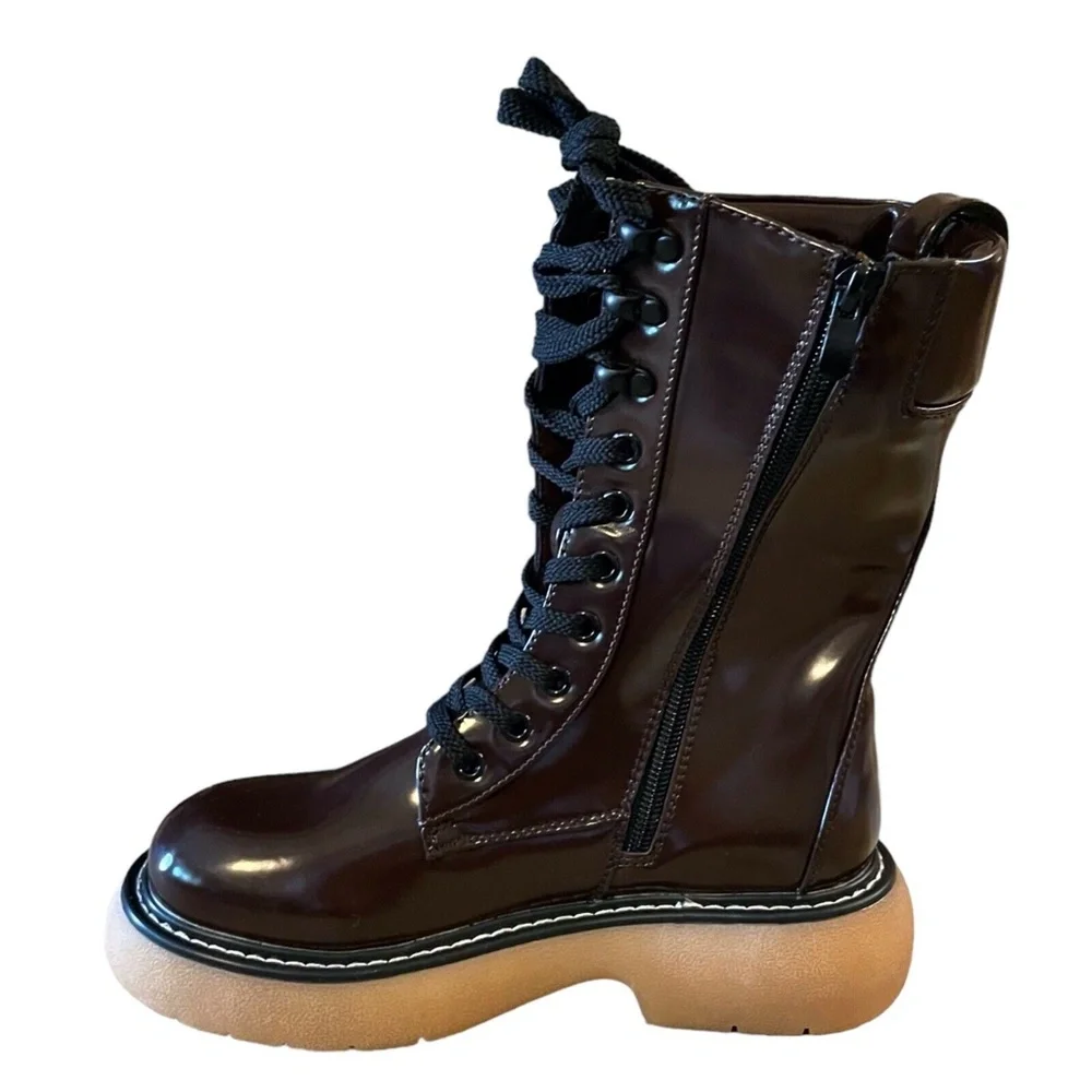 Dream Pairs‎ Girls Lace Up Chunky Platform Boots Size 5.5 Brown Side Zip